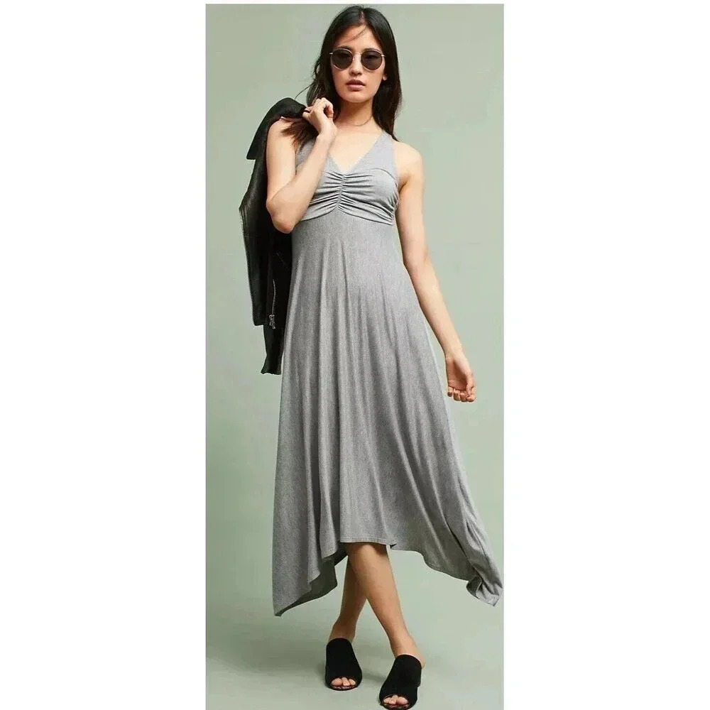 Anthropologie Maeve Gray Ruched Bust Handkerchief Hem Midi Dress Petite XS